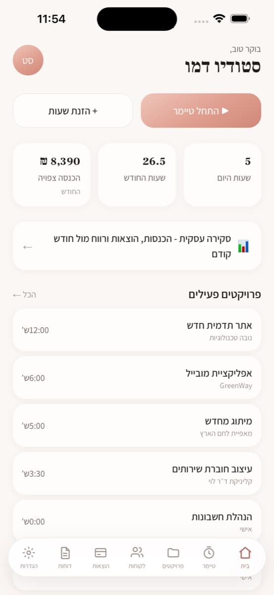 מסך מתוך אפליקציית TimeDesk עם נתוני דמו